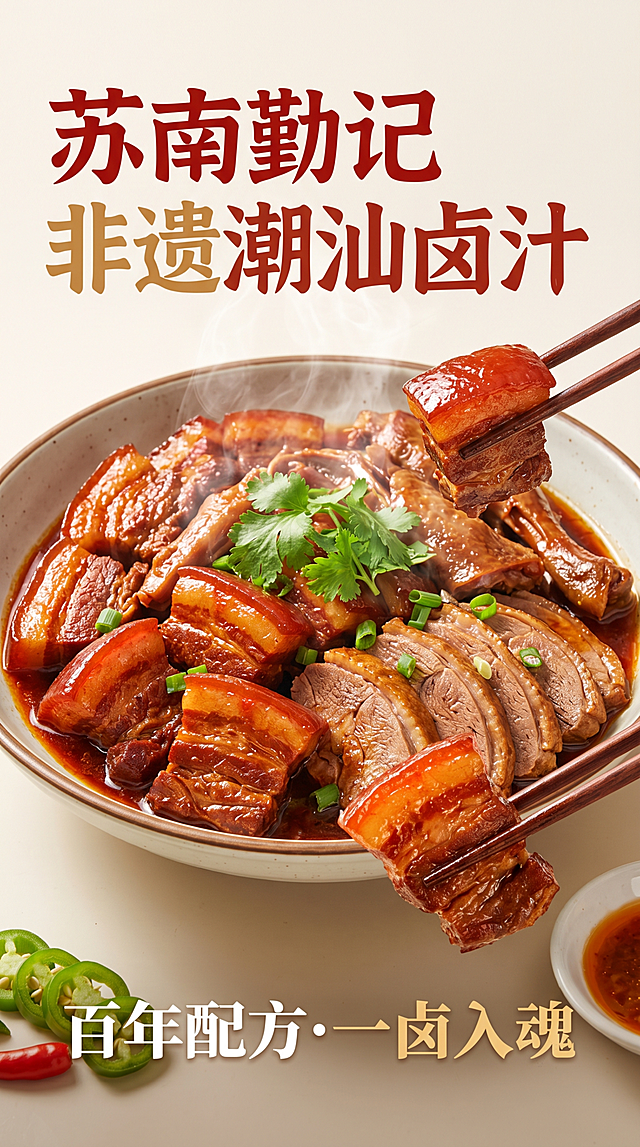 抖音竖版封面图，9:16比例，画面展示诱人卤肉卤鹅特写，色泽红亮油润，热气腾腾，高清美食摄影质感，极简干净纯色背景，上方大字主标题："苏南勤记非遗潮汕卤汁"，下方小字副标题："百年配方·一卤入魂"，对角线分层构图风格