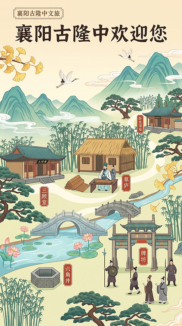 将这张襄阳古隆中导览图改为与六宫格一致的清新国潮插画风格：色彩清新雅致（米黄、青绿为主），线条平涂干净，保留全部景点布局、人物、文字标注（如‘三顾堂’‘草庐’‘六角井’等）、顶部‘襄阳古隆中文旅’及主标题‘襄阳古隆中欢迎您’，保持竖版1080:1920比例不变