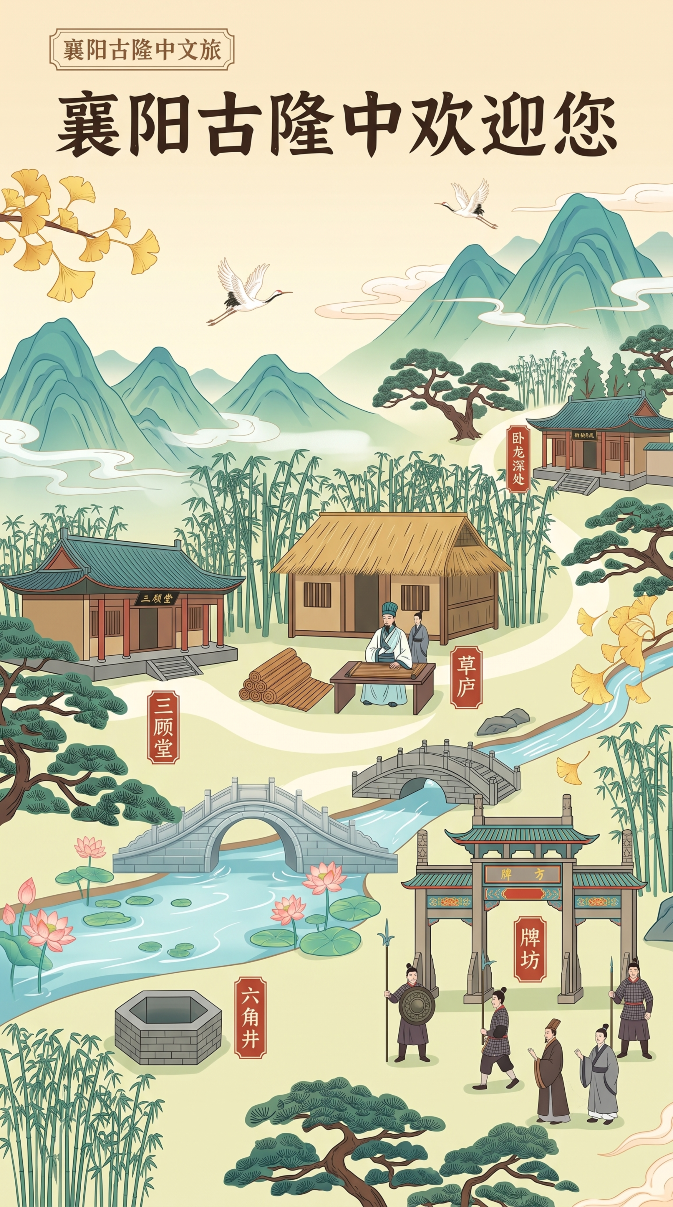 将这张襄阳古隆中导览图改为与六宫格一致的清新国潮插画风格：色彩… - 图片创意预览
