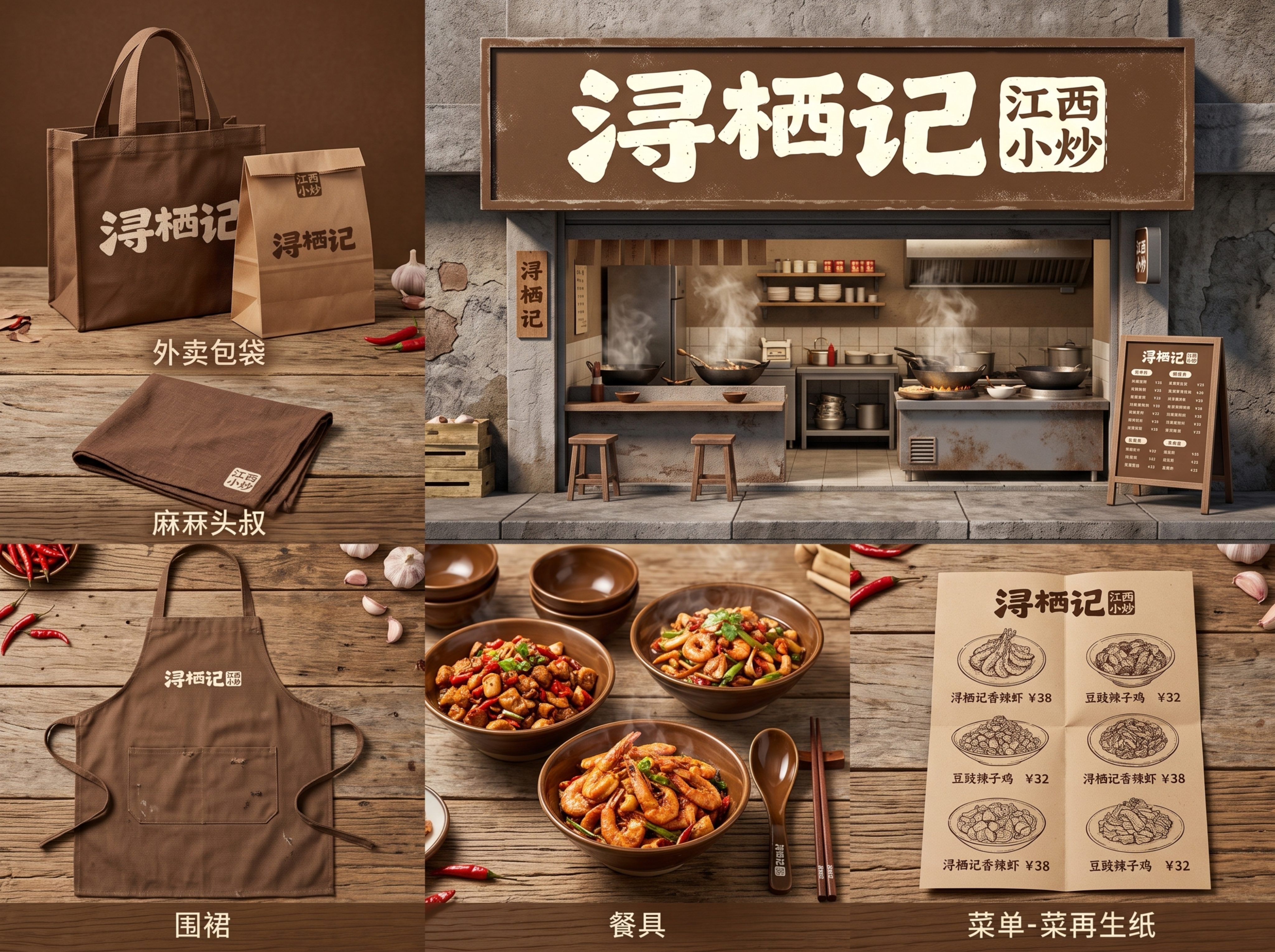 以提供的"浔栖记江西小炒"LOGO为基础，生成一套江西小炒餐饮… - 图片创意预览