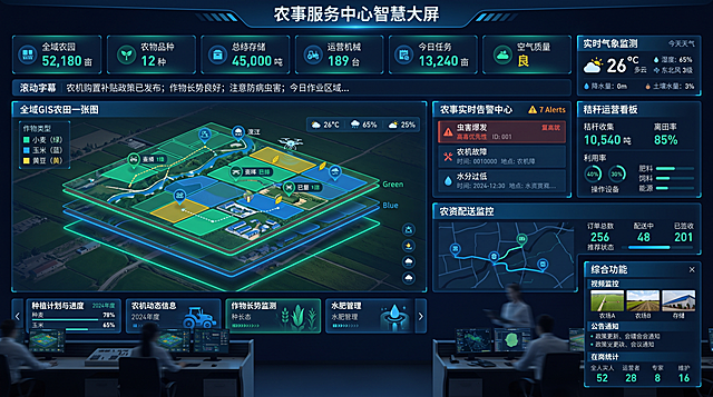 生成4K超宽屏的农事服务中心智慧大屏设计图，设计风格为政务科技蓝与生态绿渐变，深色底发光质感。整体布局：顶部通栏+左侧大地图+右侧三栏模块+底部轮播通栏+右下角常驻窗口。背景深空深蓝渐变#051029，主色生态青绿#26D9B8、科技蓝#1677FF，文字主白色，数据高亮。左侧60%宽度是全域GIS农田一张图，地块分层渲染；顶部通栏含标题、6个核心指标卡片、实时气象监测、滚动字幕；右侧上为农事实时告警中心，中为秸秆运营看板，下为农资配送监控；底部通栏4页自动轮播；右下角悬浮固定窗口含监控、公告和在岗统计，全屏适配模块不重叠。