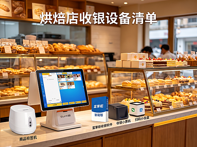 在图一的烘焙门店场景基础上修改：删除图一左侧原有的双屏收银机，将图二的白色SUNMI D2单屏收银机放到这个位置，把图五的收银界面放到图二收银机的屏幕上；将图三的小白盒替换到图一最右侧原来错误标注的位置，将错误标注"商品标签机"改为"扫码小白盒"；将图五的白色标签机添加摆放到收银机左侧的空位上，并标注文字"商品标签机"，整体保持烘焙门店自然实景风格，排版协调，标注文字准确清晰，保留主标题"烘焙店收银设备清单"和原有的富掌柜收银软件、收银小票机