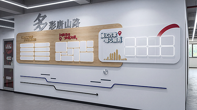 将图1的文化墙设计放到图2的空旷办公室实景墙面中结合，生成真实渲染效果图，把图1原有的深灰色木纹底板改成浅木纹色，保持整体设计布局和文字内容不变，风格写实，光影匹配实景