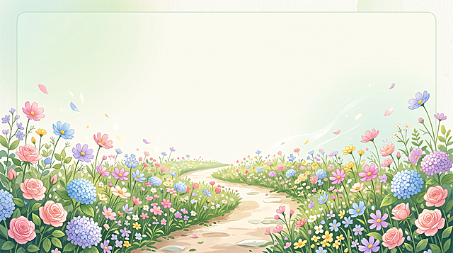 留白幻灯片模板，延续"聚力前行一路繁花"主题背景风格，上部预留大面积空白区域用于填写标题文字，底部保留完整花径主视觉，保持清新自然色调