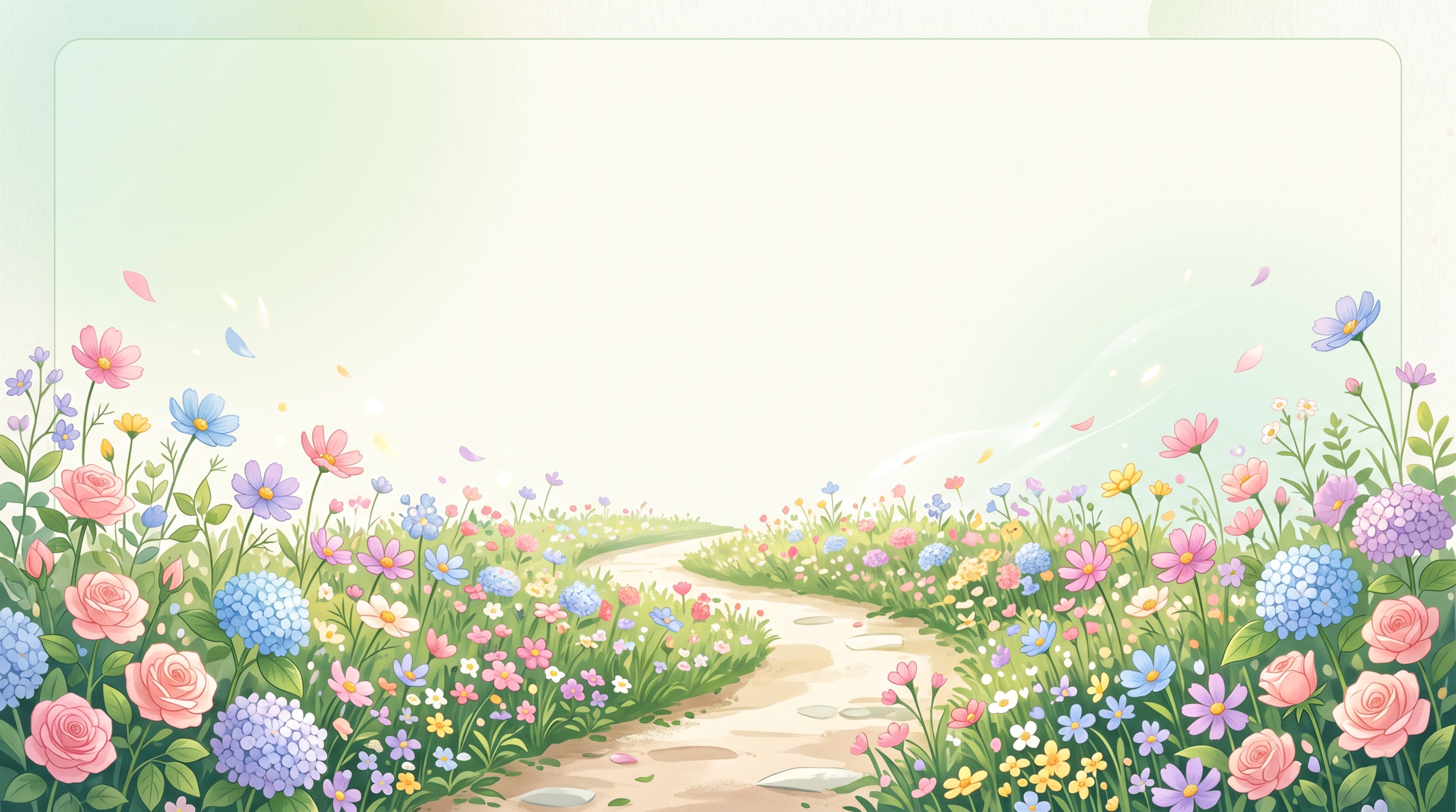 留白幻灯片模板，延续"聚力前行一路繁花"主题背景风格，上部预留… - 图片创意预览