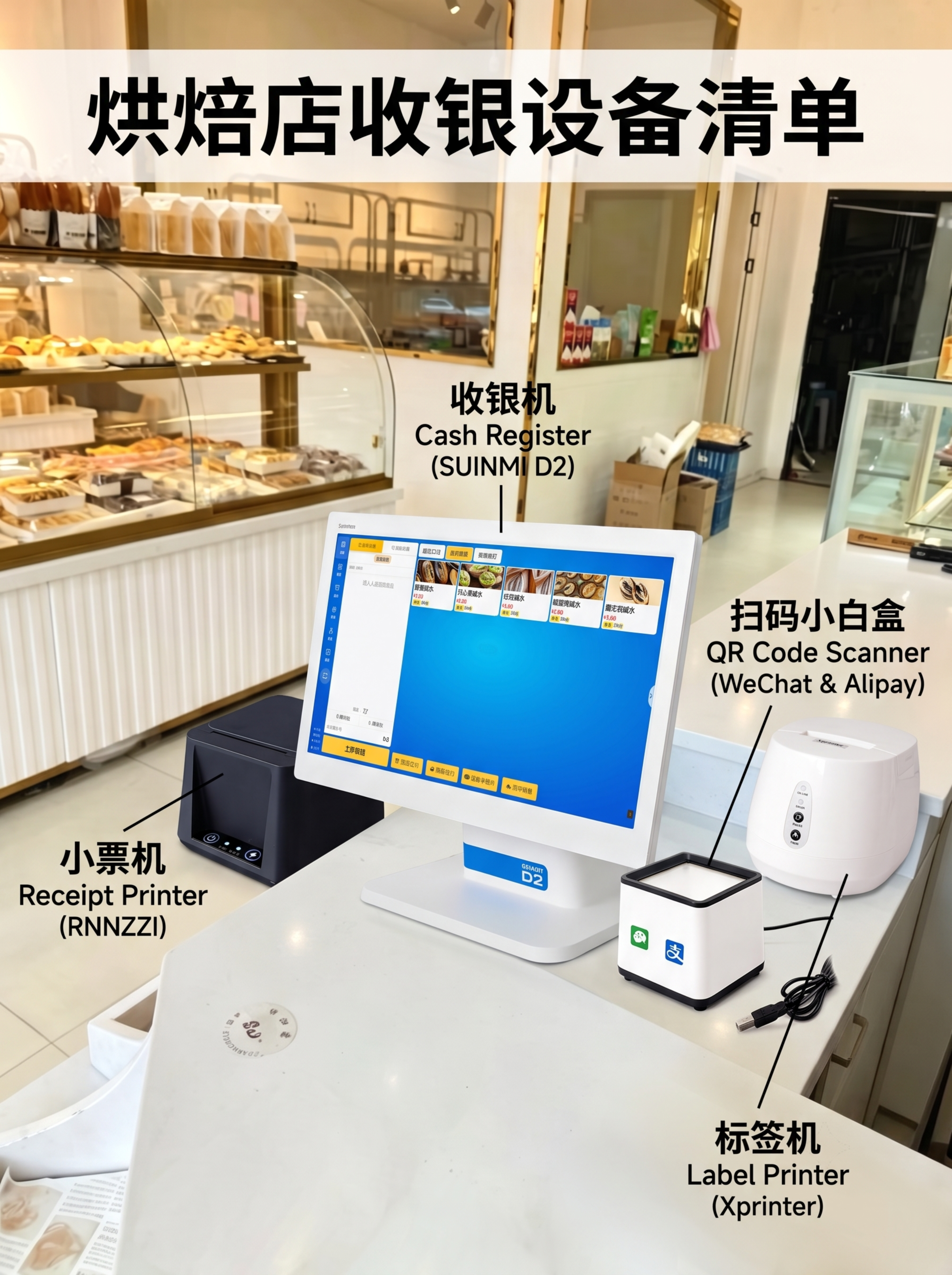 基于烘焙店实拍图，将收银机、扫码小白盒、小票机、标签机这四件设… - 图片创意预览