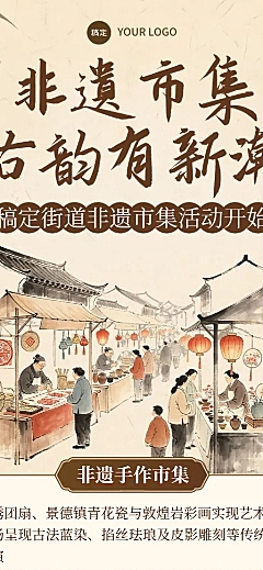 中式水墨插画风非遗市集活动宣传长图