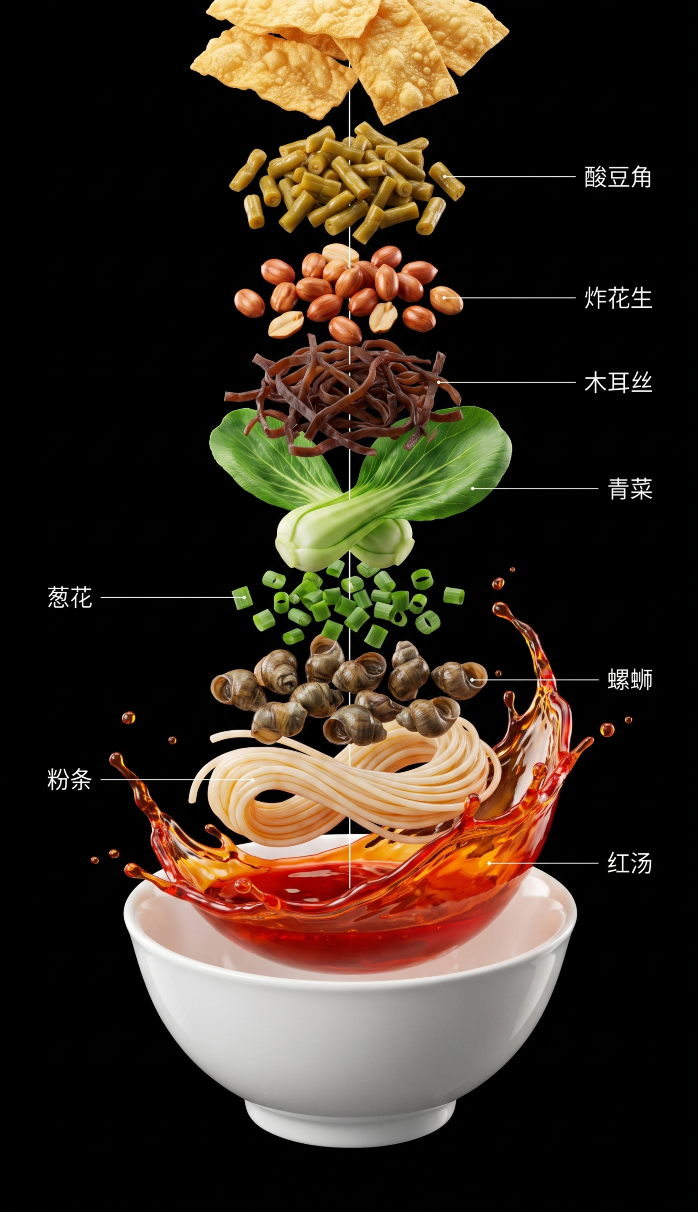 科技可视化的螺蛳粉爆炸分解示意图，倾斜45度悬空，垂直中心轴分… - 图片创意预览