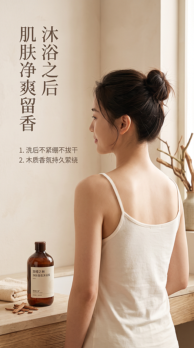 [第5屏] 真人局部效果屏，展示使用旃檀之林净肤香氛沐浴蜜后的肌肤状态。
[氛围/风格] 自然生活氛围感，柔和暖调，真实细腻商业摄影质感。
[元素布局] 画面主体为亚洲女性露出的肩背肌肤，呈现干净光滑的状态；沐浴蜜瓶身放置在画面左下角浴室台面上，占比约20%；背景为简约米色浴室墙面，右侧加入干檀木枝装饰。人物自然放松，产品与人物自然融合，不做模块拼接。
[光影质感] 浴室柔和自然光，肌肤质感真实清晰，整体光影自然通透。
[配色色系] 全局底色 #F5F0EB，主色暖米调，辅助色浅棕木质，产品棕瓶自然融入。
[视角构图] 半身氛围视角，人物肌肤为视觉中心，产品自然点缀左下角，阅读流畅。
[文字版式] 左侧竖排主标题「沐浴之后 肌肤净爽留香」，下方分两点说明：1.洗后不紧绷不拔干 2.木质香氛持久萦绕。文字清晰不遮挡肌肤主体，层级分明。
[比例分辨率] 9:16 竖版比例，4K分辨率，文字清晰可辨，高清画质。
[负向提示词] 人物失真，产品变形，文字错乱，过度对比，虚假宣传，低俗擦边，水印，背景杂乱