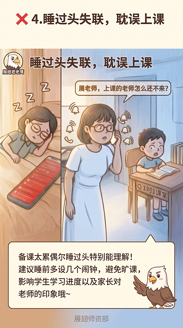 生成红线4违规讲解页，标题内容：❌ 4. 睡过头失联，耽误上课，展翅君老鹰碎碎念放在浅底色高亮框中：备课太累偶尔睡过头特别能理解！建议睡前多设几个闹钟，避免旷课，影响学生学习进度以及家长对老师的印象哦～左上角固定放展翅君老鹰头像角标，页脚放浅水印"展翅师资部"，红色❌序号样式统一，替换IP保持原有构图和漫画风格，柔和治愈，适配竖版手机H5，文字全部清晰可见