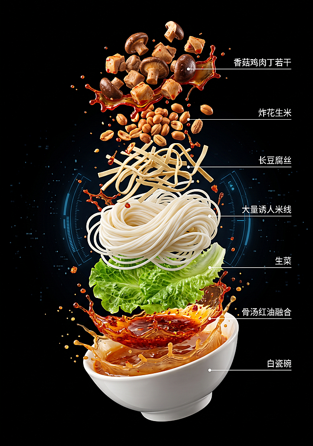 赛博朋克风3D视觉，霓虹光影与金属质感融合，虚拟现实般的食材悬浮解构，未来感十足的美食呈现。