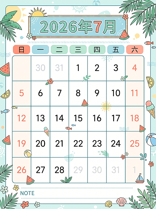 设计一张2026年7月的月历，整体风格清新简约，带有夏日元素装饰，有完整清晰的日历格子，顶部标注"2026年7月"大标题，包含周日到周六完整星期表头，日期排布准确，背景使用浅色系夏日风格，画面干净整洁。