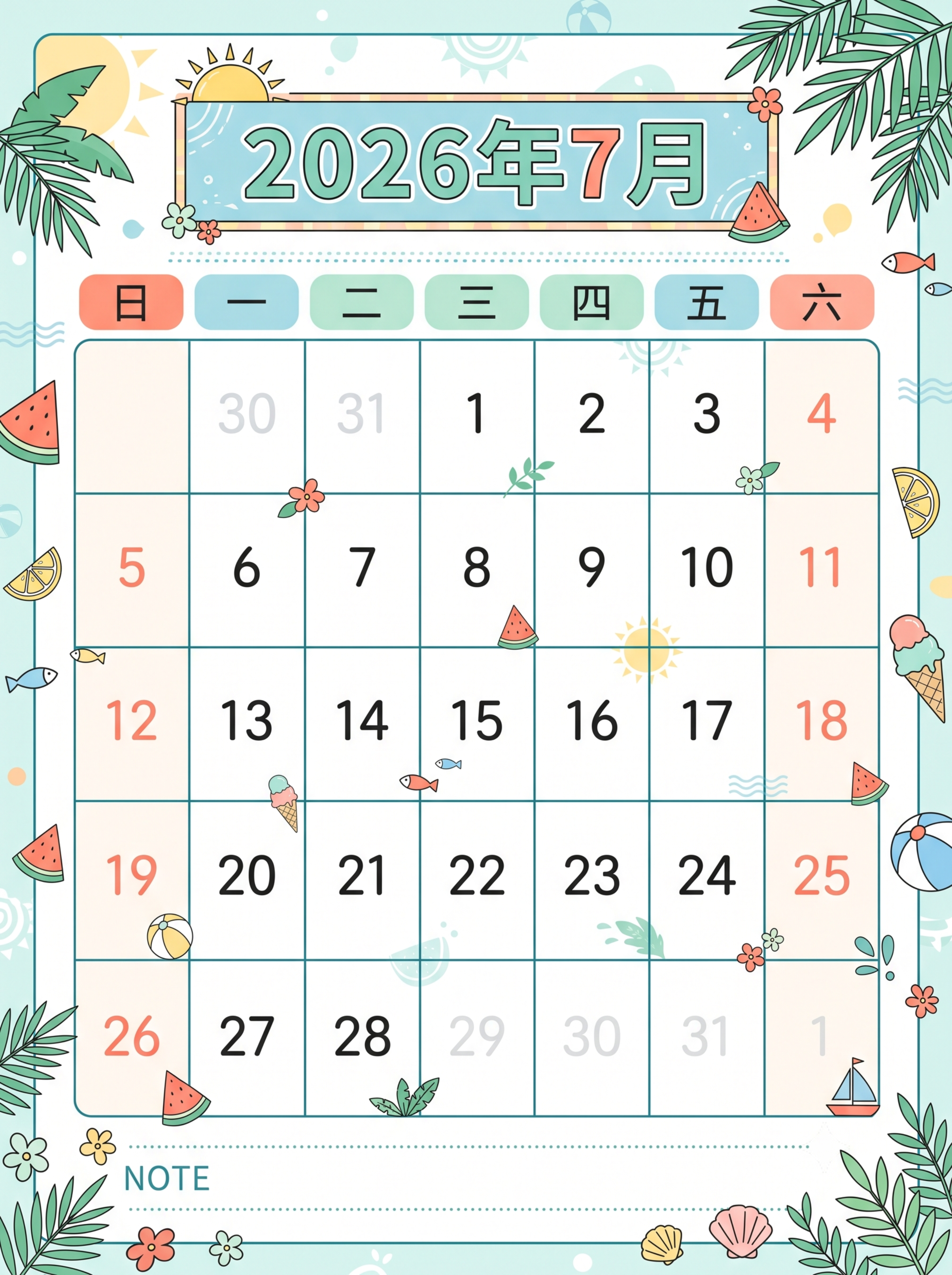 设计一张2026年7月的月历，整体风格清新简约，带有夏日元素装… - 图片创意预览