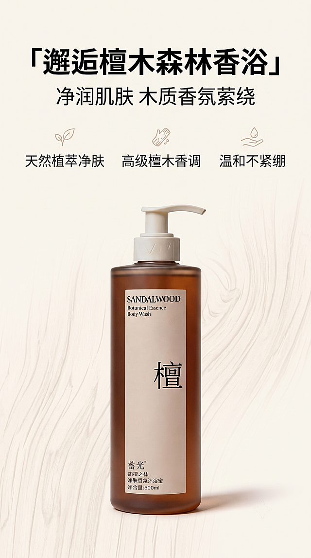 [第2屏] 核心概念屏，阐述旃檀之林净肤香氛沐浴蜜的核心价值。本屏使用【图1】作为产品参考。
[氛围/风格] 自然沉静木质风，简洁留白版式，高级简约商业设计质感。
[元素布局] 画面上半部分放置标题区，下半部分居中放置产品瓶身特写，占比约50%；两侧留白，背景加入浅淡檀木纹理底纹增加氛围感；瓶身外观与输入产品图保持完全一致。
[光影质感] 均匀柔和顶光，阴影层次细腻，瓶身半透明质感清晰可见。
[配色色系] 全局底色 #F8F4EC，主色深棕木质调，辅助色米白留白，黑色文字清晰突出。
[视角构图] 居中对称构图，视觉聚焦产品与核心概念，阅读动线从上到下。
[文字版式] 主标题「邂逅檀木森林香浴」，副标题「净润肌肤 木质香氛萦绕」。下方分三点展示核心价值：1.天然植萃净肤 2.高级檀木香调 3.温和不紧绷。文字层级清晰，主标题加粗放大，卖点分段排列整齐，不遮挡产品主体。
[比例分辨率] 9:16 竖版比例，4K分辨率，文字清晰可辨，高清画质。
[负向提示词] 产品变形，文字错乱，文字过小，颜色偏差，水印，背景杂乱，极限词，虚假宣传