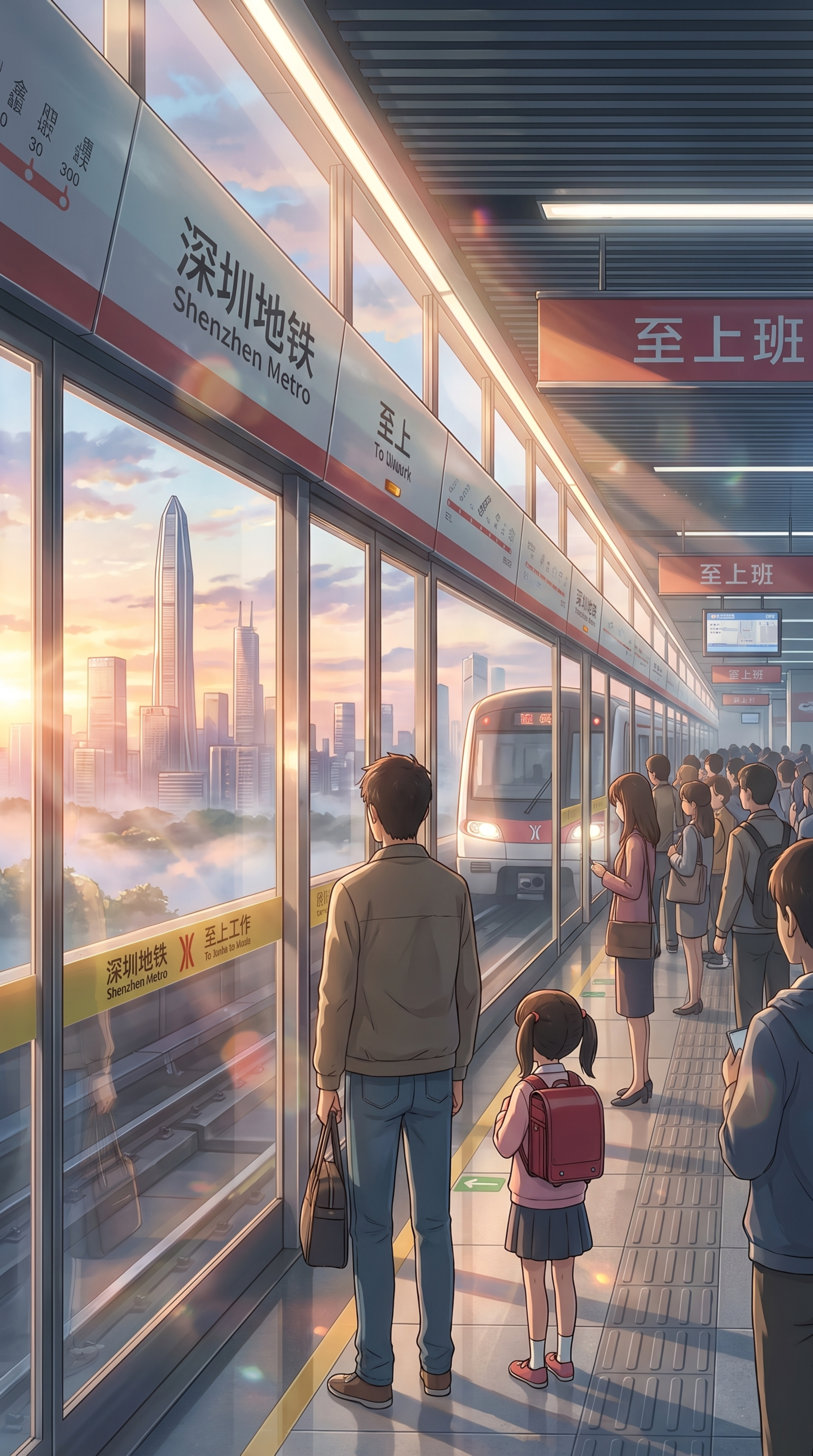 动漫风格，深圳城市天际线，清晨，地铁站内，一个穿休闲的男人背影… - 图片创意预览