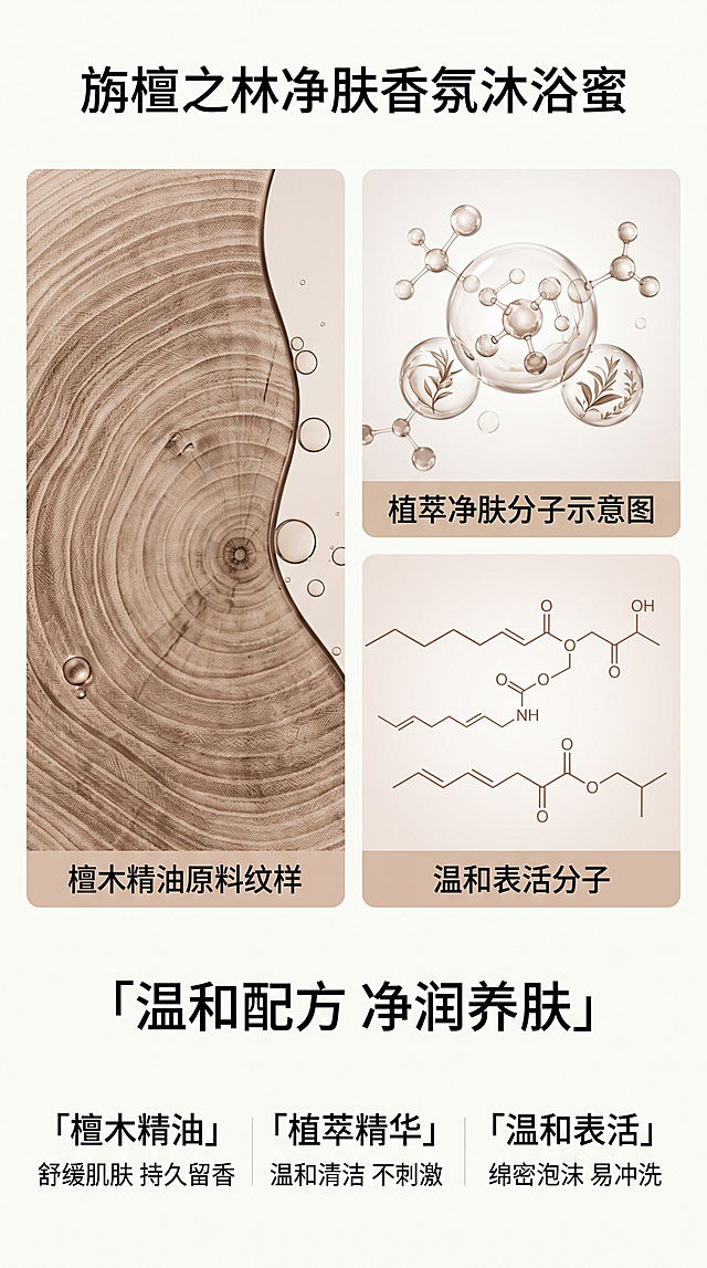 [第3屏] 成分功效屏，解析旃檀之林净肤香氛沐浴蜜的温和配方。
[氛围/风格] 专业安心科研风，干净通透版式，实验质感视觉呈现。
[元素布局] 画面上半部分放大呈现三大核心成分图形，每个成分图形占比约25%，总占屏超过50%：1.檀木精油原料纹样 2.植萃净肤分子示意图 3.温和表活分子；下半部分放置文字说明区，不放置产品主体突出成分展示。
[光影质感] 均匀明亮布光，成分轮廓清晰，图形边缘干净，整体通透干净。
[配色色系] 全局底色 #FAFAF5，主色浅棕檀木色，辅助色浅灰，文字黑色，成分图形用低饱和棕调区分。
[视角构图] 上图形下文字排版，自上而下顺序阅读，信息层级清晰。
[文字版式] 主标题「温和配方 净润养肤」，下方分三点标注每个成分的功效：檀木精油 「舒缓肌肤 持久留香」、植萃精华 「温和清洁 不刺激」、温和表活 「绵密泡沫 易冲洗」。字体清晰工整，每成分对应一个说明块，信息一目了然。
[比例分辨率] 9:16 竖版比例，4K分辨率，文字清晰可辨，高清画质。
[负向提示词] 文字错乱，文字过小，成分图形模糊，虚假宣传，医疗化用词，水印，背景杂乱