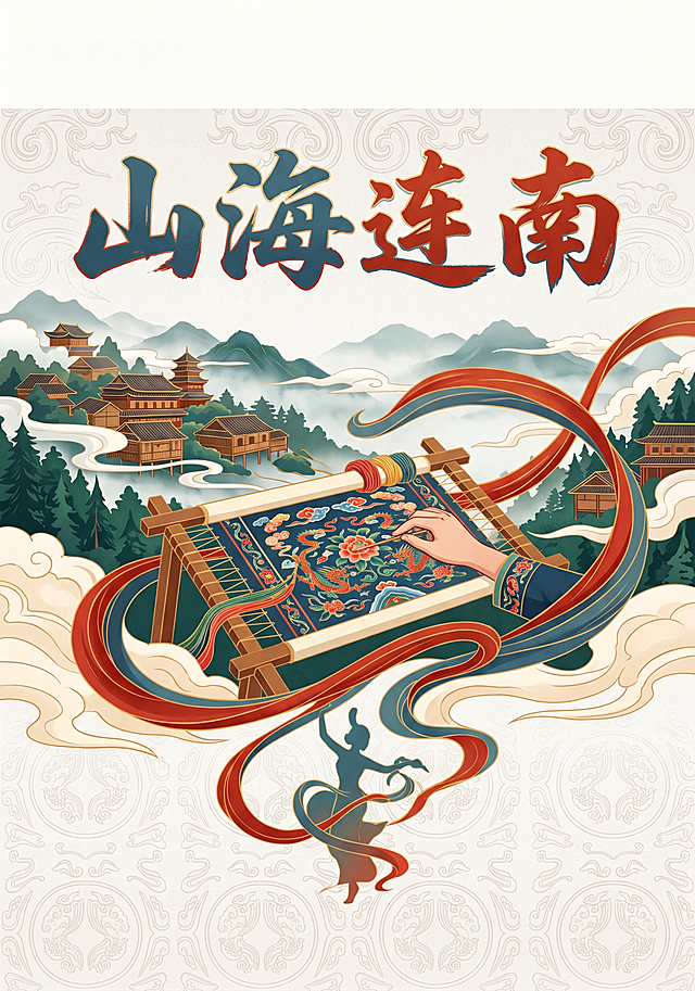 A4竖版研学手册封面底图，国潮平涂插画风格，浅底铺瑶族盘王纹暗纹，主体融入瑶绣绷架、长鼓舞飘带剪影，远景为云雾缭绕的南岭瑶寨吊脚楼。画面中上部嵌入“山海连南”四个苍劲国风书法字，字体配色呼应石青与朱砂红，与画面自然融合。主色调为石青 + 朱砂红，顶部仅预留窄幅空白，宽度刚好适配横向摆放百千万工程标识与校徽，不设置大面积留白；底部预留少量空白用于小字标注。整体雅致有民族文化质感，画面无其他多余文字，干净平整，高清8K分辨率，300DPI印刷画质，适配三下乡非遗研学主题