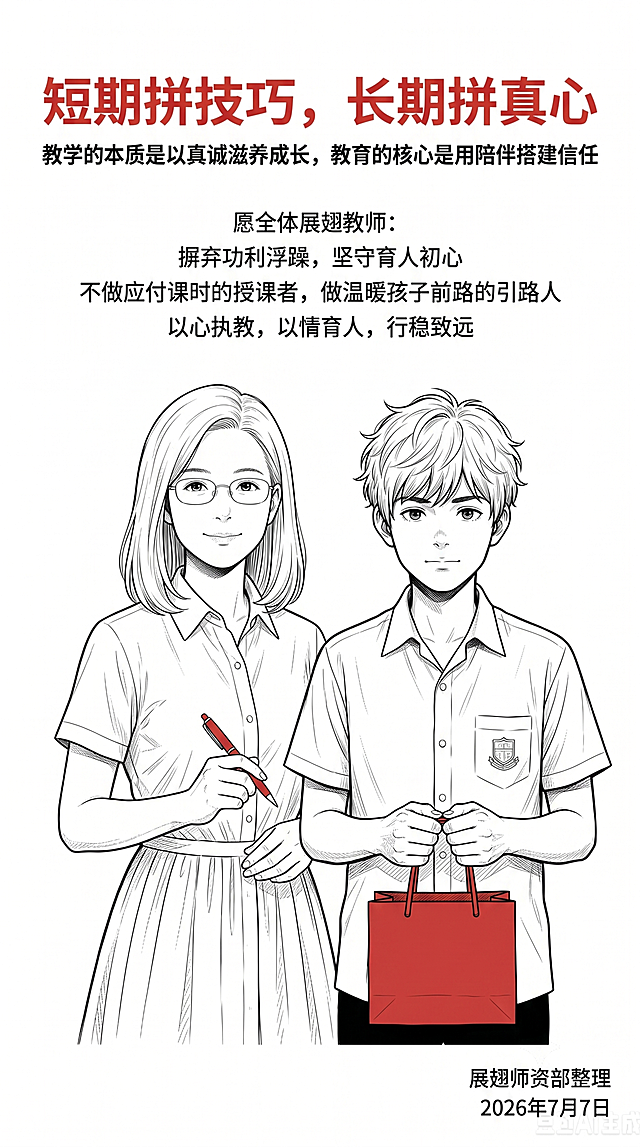 纯白极简教育条漫风格，干净黑色实线描边，黑白线稿为主，少量浅灰平涂阴影，纯白色背景，无多余杂物和纹理；仅红色礼袋、红钢笔为朱砂红色高亮，严格控制色彩；画面留白充足，适合后期添加文字；教育类正式沉稳风格，人物写实柔和，非Q版、非夸张日式漫画，高清。这是结尾共勉页，居中人物分镜：师生并肩向前，参考提供的人物形象，学生持红色礼袋，老师握红钢笔，氛围平和坚定。文案：主标题（朱砂红）“短期拼技巧，长期拼真心”，副标题“教学的本质是以真诚滋养成长，教育的核心是用陪伴搭建信任”，正文：“愿全体展翅教师：摒弃功利浮躁，坚守育人初心 不做应付课时的授课者，做温暖孩子前路的引路人 以心执教，以情育人，行稳致远”，落款“展翅师资部整理 2026年7月7日”
