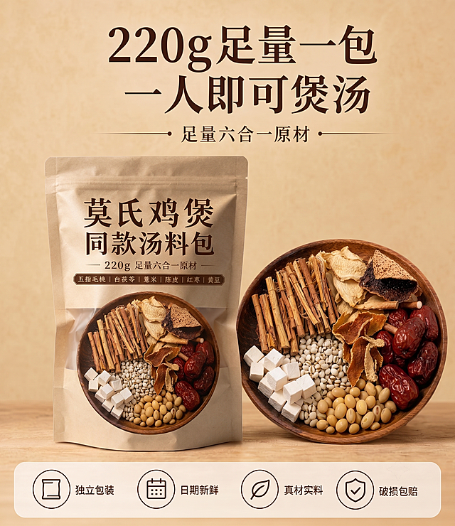 将图中原有的带文字和图案的包装替换成第三张白底图里的牛皮纸包装，保持原图的整体构图、文字内容、旁边的配料展示和背景风格不变，替换后的包装和原图场景光影自然融合