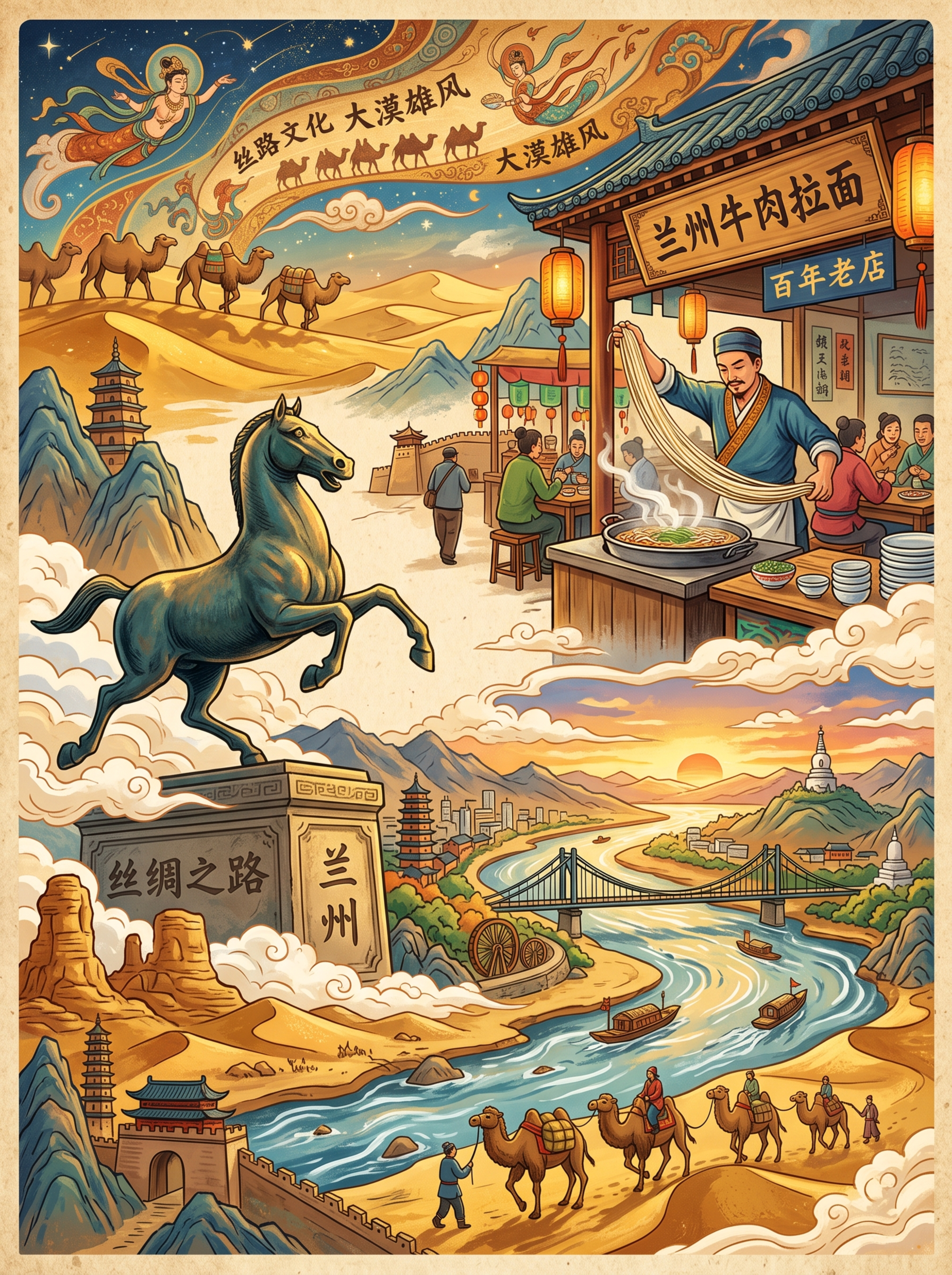 大师级插画风格的兰州印象，画面包含丝路文化、沙漠骆驼、铜奔马、… - 图片创意预览