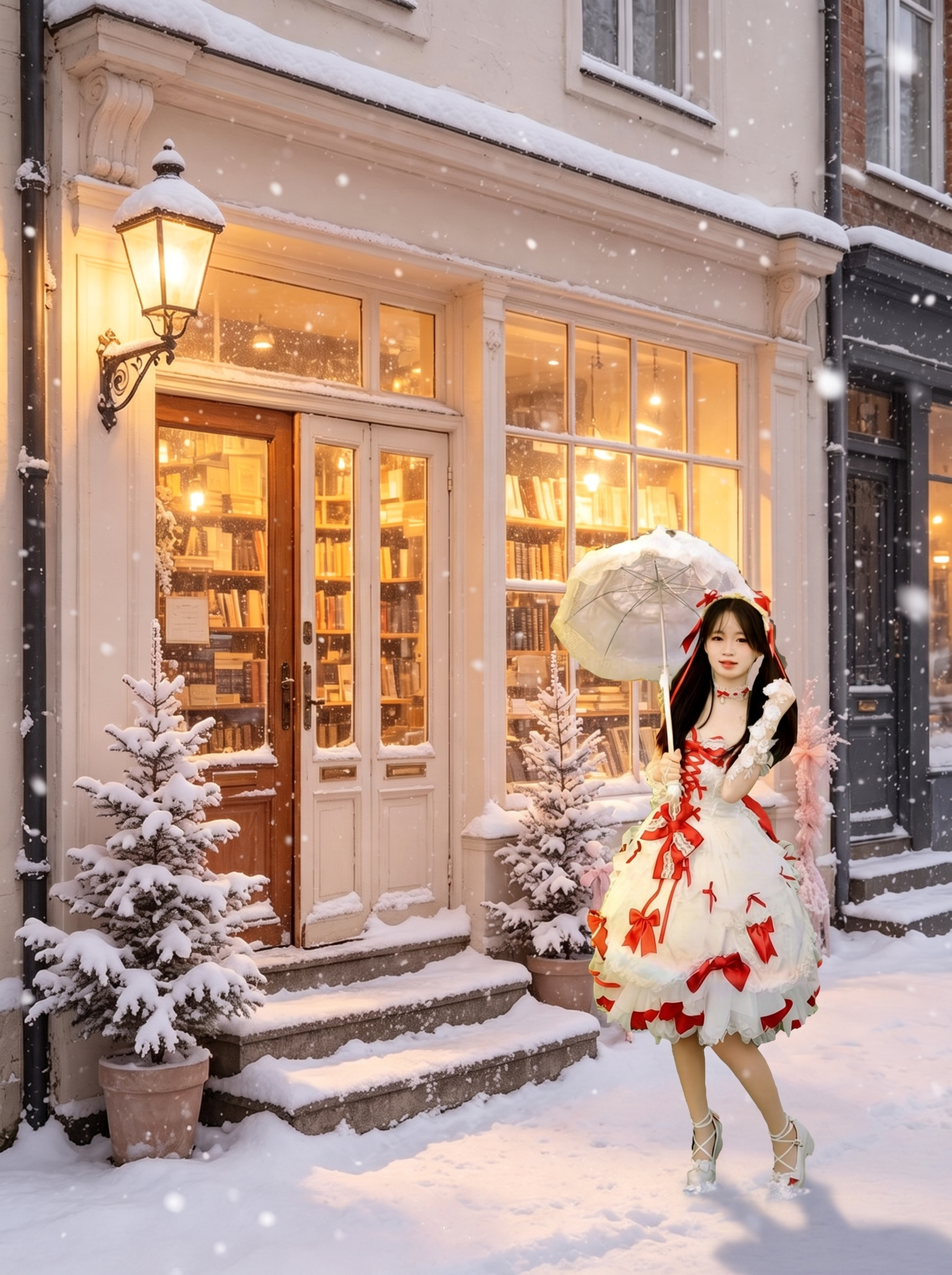 将抠好的穿红白色洛丽塔裙子打伞的女生放到背景图右下角的雪地上，… - 图片创意预览