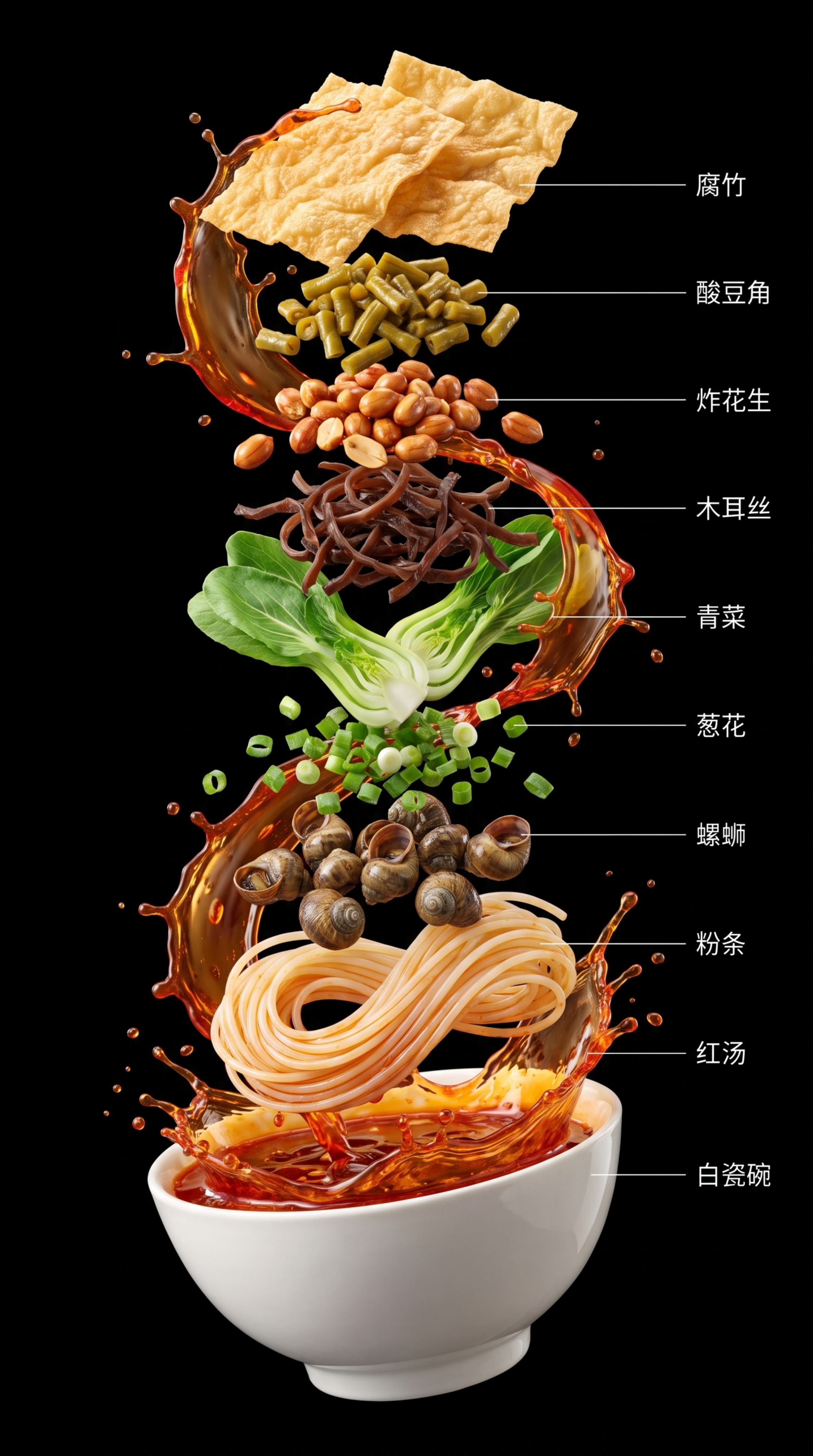 科技可视化螺蛳粉爆炸分解示意图，倾斜45度悬空，垂直中心轴分层… - 图片创意预览