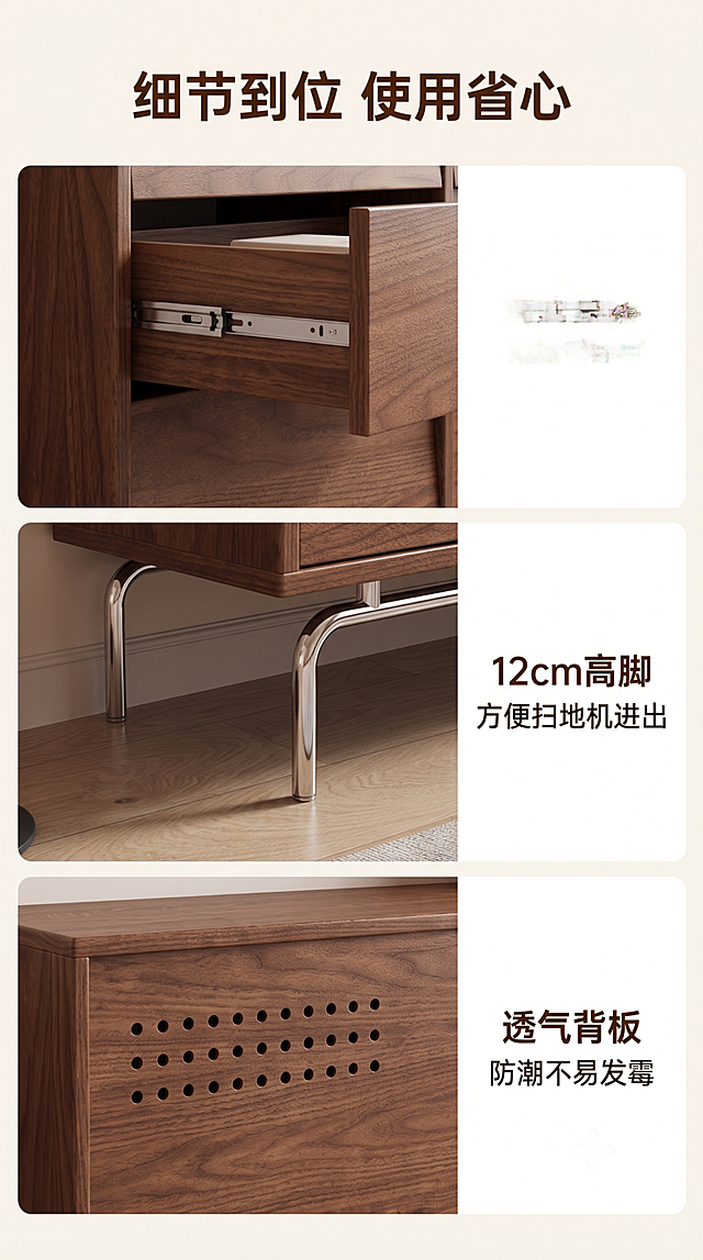 [第6屏] 本屏功能定义：功能细节页-斗柜五金与细节工艺特写。本屏使用【图1】拆解展示核心细节。
[氛围/风格] 细节特写，清晰展示工艺，专业质感，干净简洁。
[元素布局] 页面三格排布：上格展示静音导轨抽屉抽拉特写，中格展示底部12cm加高不锈钢脚特写，下格展示背板透气孔细节；每格左图右文，每个细节都清晰展示，斗柜各部分材质颜色与原图保持一致。
[光影质感] 每格均匀打光，细节清晰锐利，金属脚反光自然，导轨纹理明确。
[配色色系] 全局底色 #f9f6f0；主色胡桃木棕色；辅助色银色金属，深棕色文字。
[视角构图] 三宫格布局，每个细节单独特写展示，结构清晰，阅读每格从上到下。
[文字版式] 顶部主标题「细节到位 使用省心」，三格分别配文字：「阻尼导轨 抽拉顺滑静音」「12cm高脚 方便扫地机进出」「透气背板 防潮不易发霉」，每个格子文字在右侧，不遮挡细节，文字清晰可读。
[比例分辨率] 9:16 竖版比例，4K分辨率，文字清晰可辨，高清画质。
[负向提示词] 细节模糊，结构变形，颜色偏差，文字错乱，排版拥挤，水印。