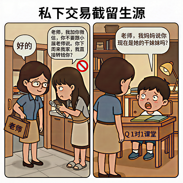 修改这张漫画，增大左侧对话框中文字的尺寸，并且将文字内容修改为：“老师，我加你微信，你不要跟小展老师说。你下周来我家，我直接转钱你？”，保持漫画整体风格、构图和其他元素不变，保证文字清晰可辨