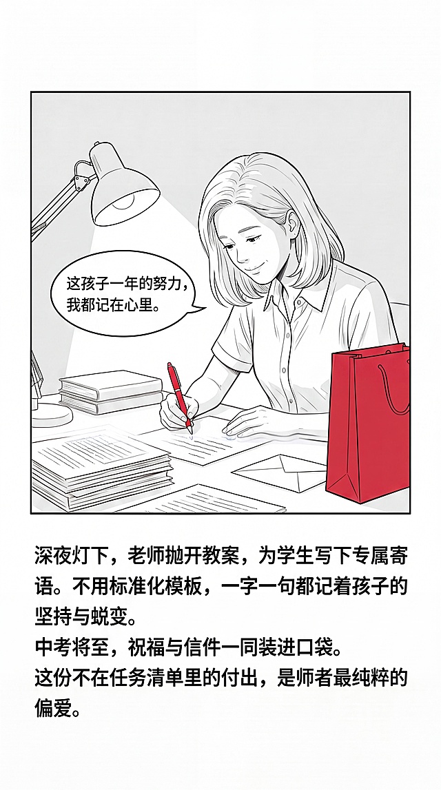 将图片中所有文字修改清晰，参考第二张图的清晰字体对模糊文字进行修正，保持纯白极简条漫风格，干净黑色实线描边，黑白线稿为主，少量浅灰平涂阴影，纯白色背景，仅红色钢笔和红色礼袋保持朱砂红色高亮，保持现有画面内容和排版不变