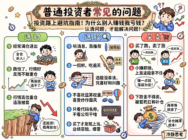 在图片下方的「买卖」模块框里，补充添加条目文字：“1、 买了跌，卖了涨”，同时保留原有所有内容、风格、比例不变，保持排版整体协调，维持手绘卡通风格