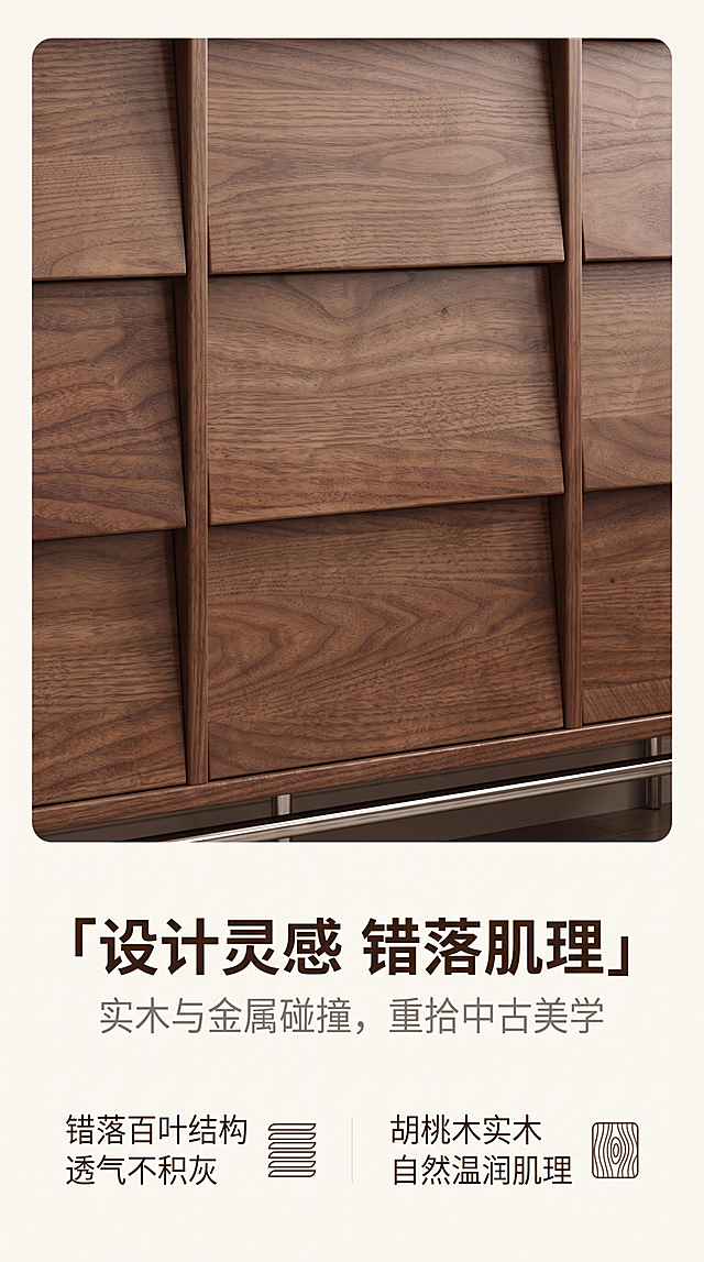 [第2屏] 本屏功能定义：设计美学页-百叶窗斗柜设计理念与风格介绍。本屏使用【图1】斗柜局部作为主视觉。
[氛围/风格] 简约设计叙事风格，浅暖素底，排版高级简洁，清晰传达设计理念。
[元素布局] 上半区展示斗柜百叶抽屉错落结构特写，下半区留白放文案；保留斗柜木纹、颜色、结构与原图一致，突出错落百叶的层次感设计。
[光影质感] 顶部柔光均匀打亮，木纹纹理清晰，阴影柔和不突兀。
[配色色系] 全局底色 #f9f6f0；主色深棕木纹；辅助色浅灰文字、深棕标题。
[视角构图] 平视特写视角，斗柜局部居中构图，阅读动线从上到下自然流畅。
[文字版式] 顶部主标题「设计灵感 错落肌理」，副标题「实木与金属碰撞，重拾中古美学」，下方双列卖点：左侧「错落百叶结构 透气不积灰」，右侧「胡桃木实木 自然温润肌理」，文字分区排布不遮挡核心结构特写。
[比例分辨率] 9:16 竖版比例，4K分辨率，文字清晰，高清画质。
[负向提示词] 结构变形，木纹模糊，颜色失真，文字拥挤，文字错乱，水印，背景杂乱。