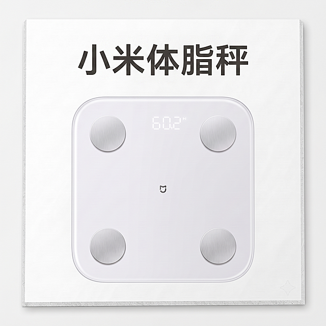 修改图片中的文字，将原有的"智能体脂秤 S400"改为"小米体脂秤"，保留图片其他内容和布局不变，输出适配40cm*40cmKT板的清晰完整图片