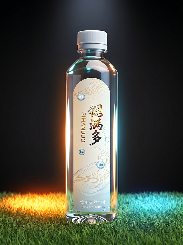 参考第一张图片的矿泉水瓶效果图，将第二张图片中的锶满多标签贴到透明矿泉水瓶上，生成480ml规格的锶满多饮用天然泉水瓶装效果图，保持第一张图的光影和背景风格，背景为黑色渐变，底部有绿色草地，产品清晰展示