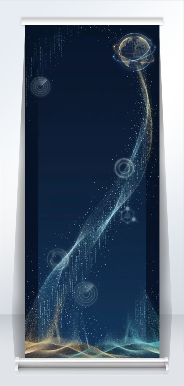 竖版易拉宝背景图，尺寸比例80cm×200cm，用于金融科技投资公司校园招聘宣传。背景是从深邃海军蓝#0A1628渐变到墨蓝色#0F2440的深色渐变。采用画框式构图，所有视觉元素仅分布在画面四边最外预览效果