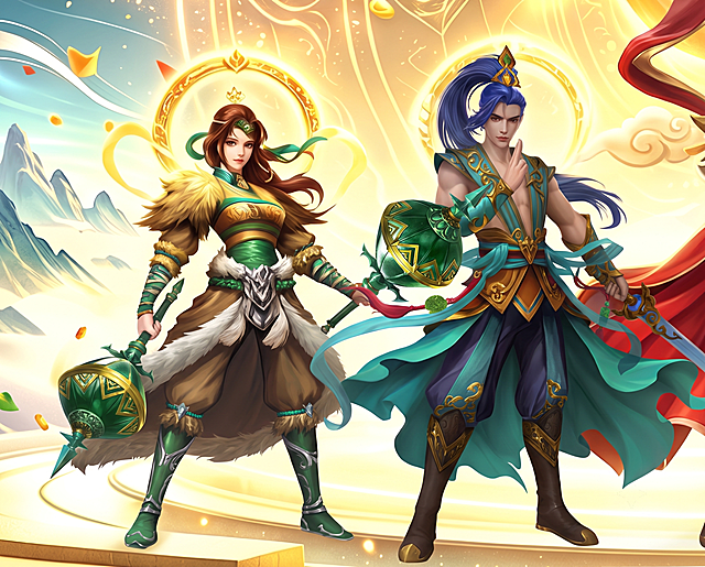 保留图1的背景，将图1两个角色按照图2角色的五官、脸型、头发、衣服和服饰特征进行重绘，不能改变图2角色的风格和特征，保证角色与背景自然相融，高清4K画质