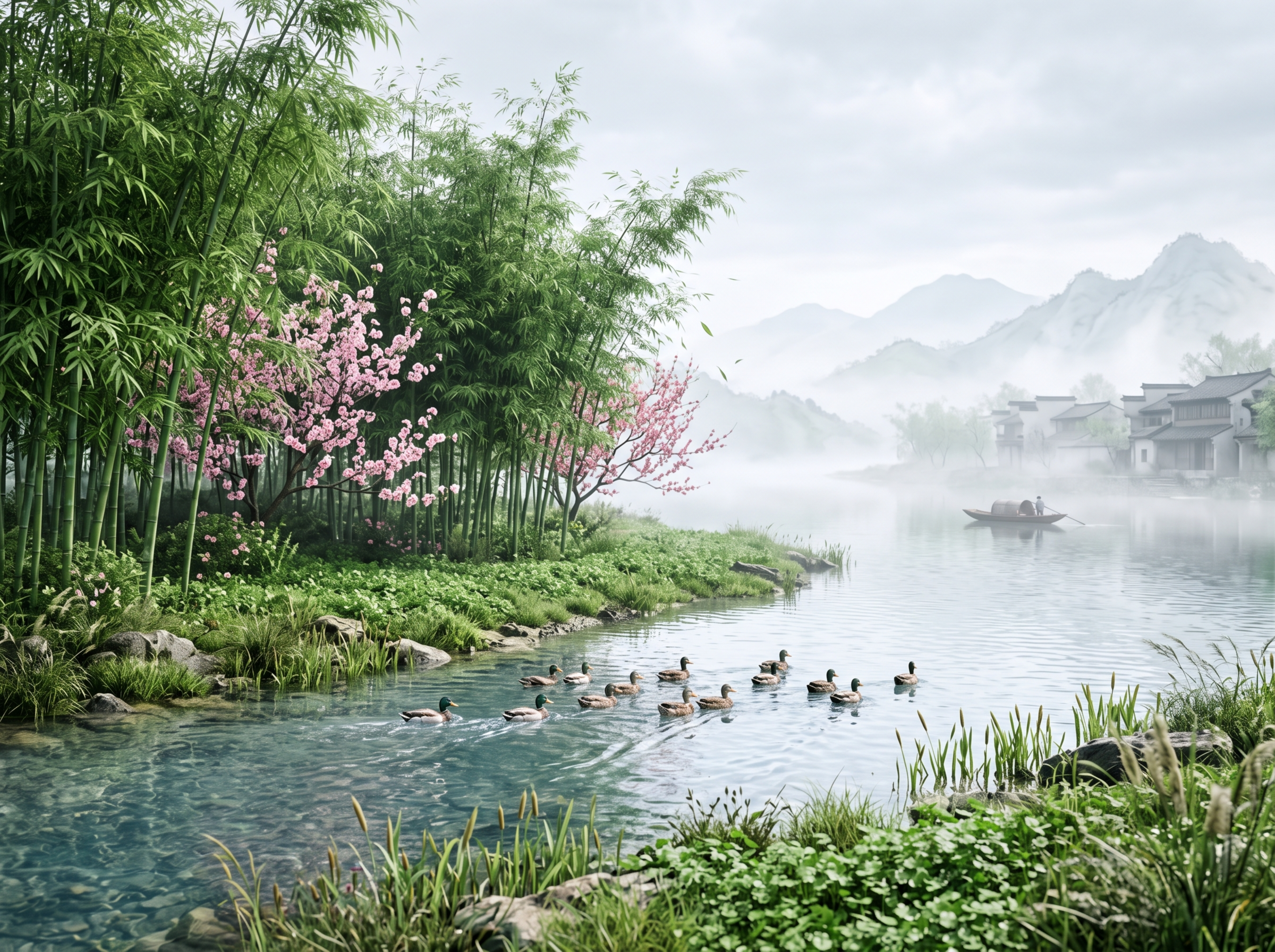 北宋江南春江岸边，初春时节，翠绿竹林，几枝粉桃探出竹丛，清澈江… - 图片创意预览