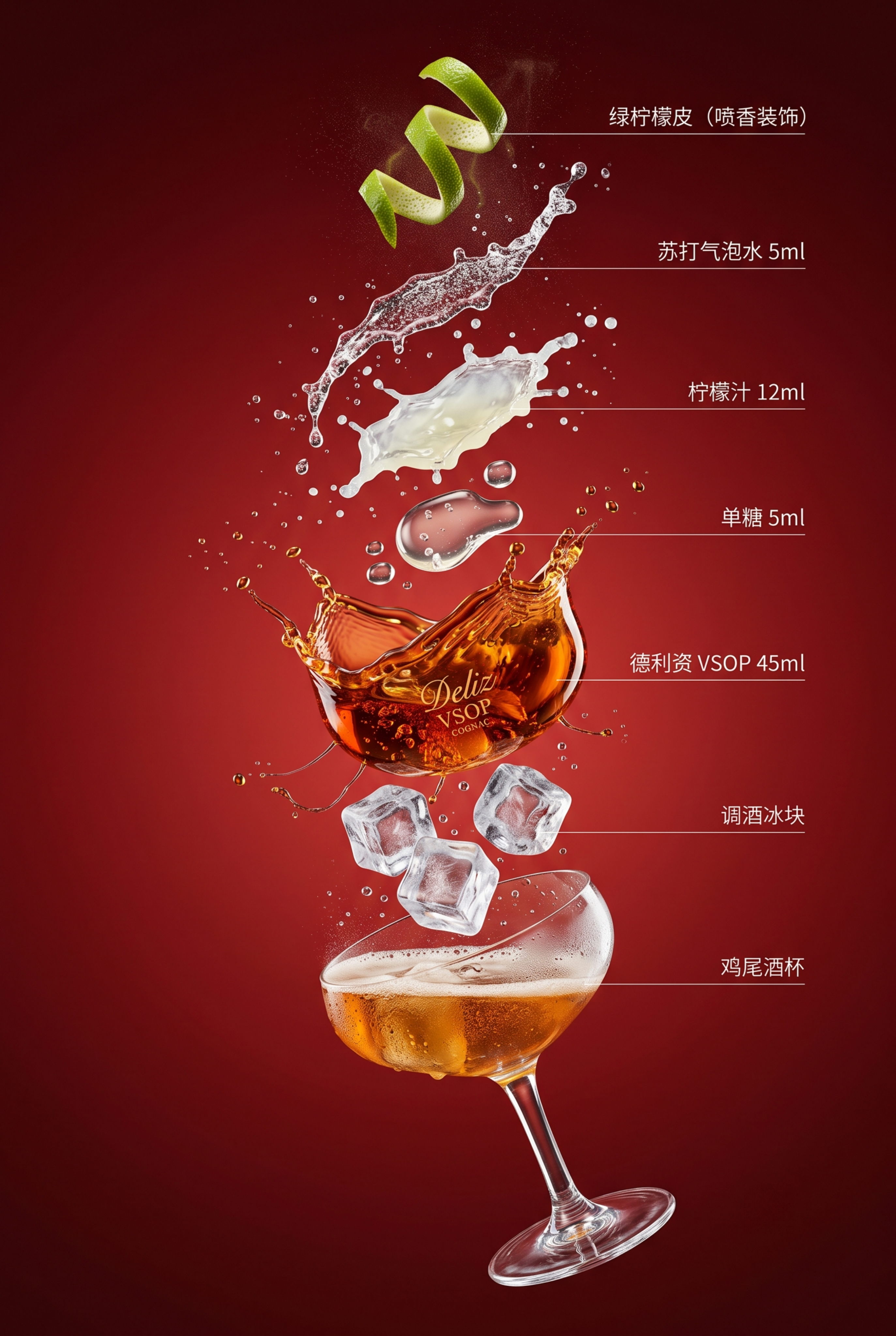 科技可视化的德利资 VSOP 白兰地酸爆炸分解示意图，倾斜 4… - 图片创意预览