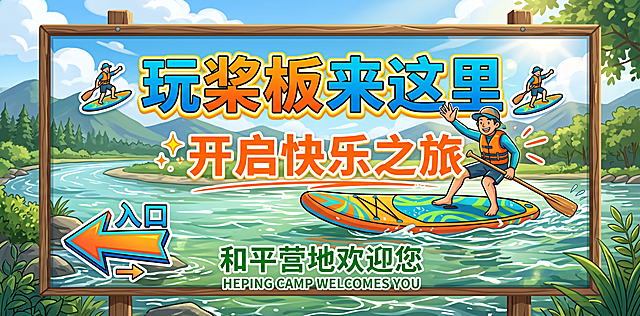横版户外指示牌，背景是渐变蓝天白云，底部是碧绿的流溪河水面波纹，点缀阳光光晕。画面中央斜放一块色彩鲜亮的桨板，板上站着穿救生衣、握桨的卡通小人，朝画面外挥手，脸上带着灿烂笑容。画面左下角有一个醒目的彩色箭头指向入口方向。文字排版：顶部大字主标题"🏄 玩桨板来这里 🏄"，中间引导语"✨ 开启快乐之旅 ✨"，底部欢迎语"和平营地欢迎您"，夏日活力风格，色彩鲜明吸睛，适合主路口指引