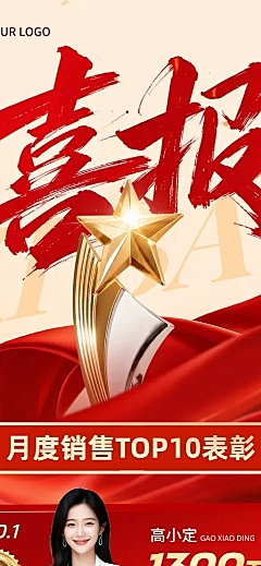 金融保险业绩喜报排行榜立体奖杯红金喜庆感长图海报