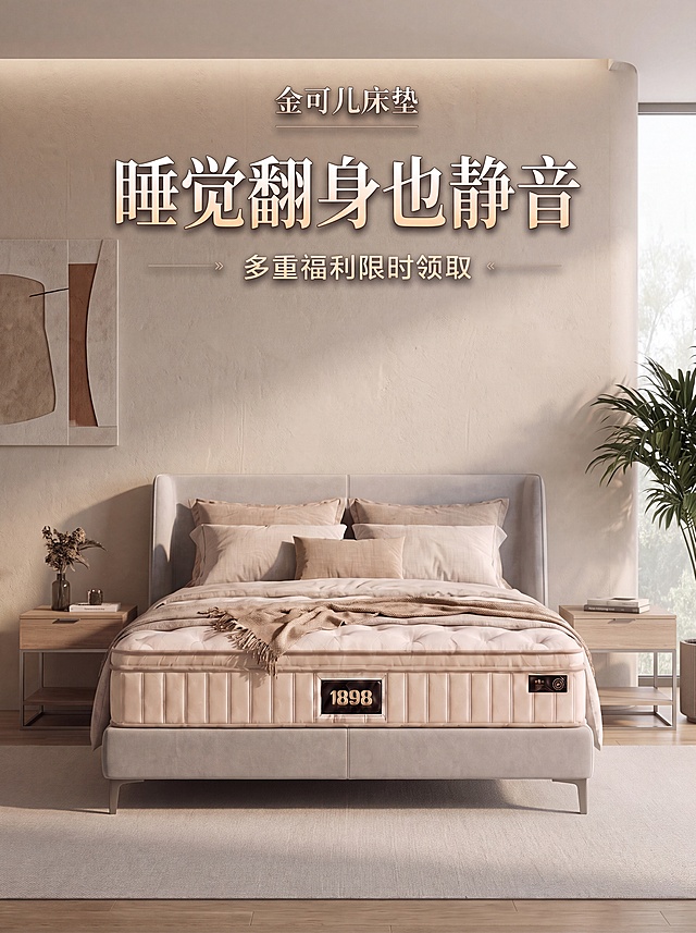基于原图修改：替换主标题文案，把“睡出周末度假感”换成“睡觉翻身也静音”，修改家具元素和背景风格，保持“金可儿床垫”顶部标题和“多重福利限时领取”副标题不变，保持价格1898位置不变，保持图片比例不变，整体风格为现代简约家居风，画质清晰，产品展示突出床垫