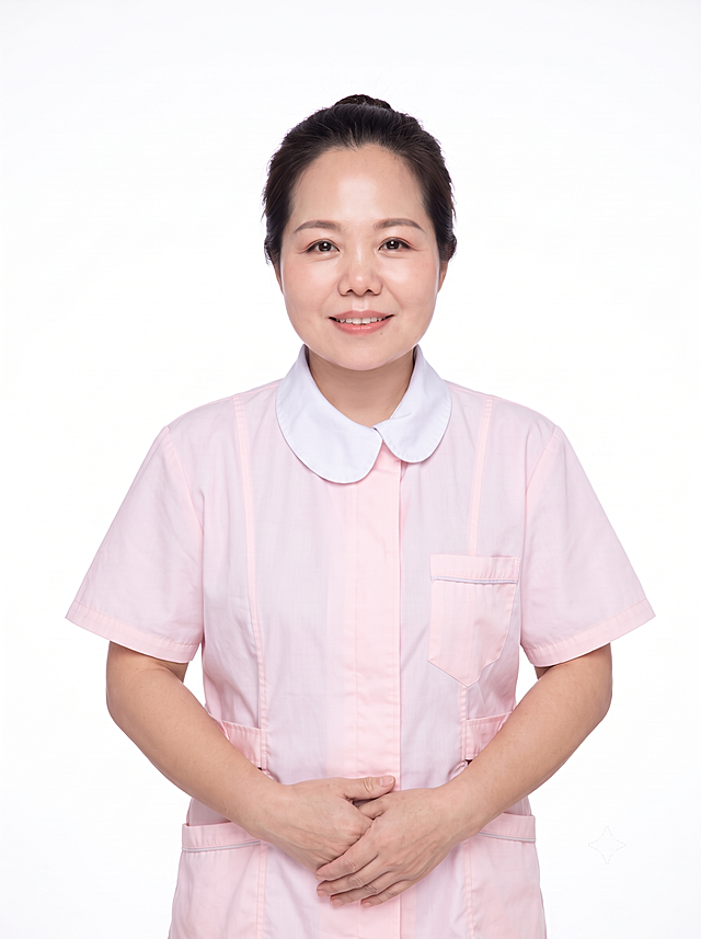 去除这张图片中粉色工作服左胸口袋上的黄色水印logo和文字，保持衣服颜色粉色和整体风格不变，保持纯白背景不变，保持人物姿势和形象不变，去除logo后布料自然过渡，高清画质