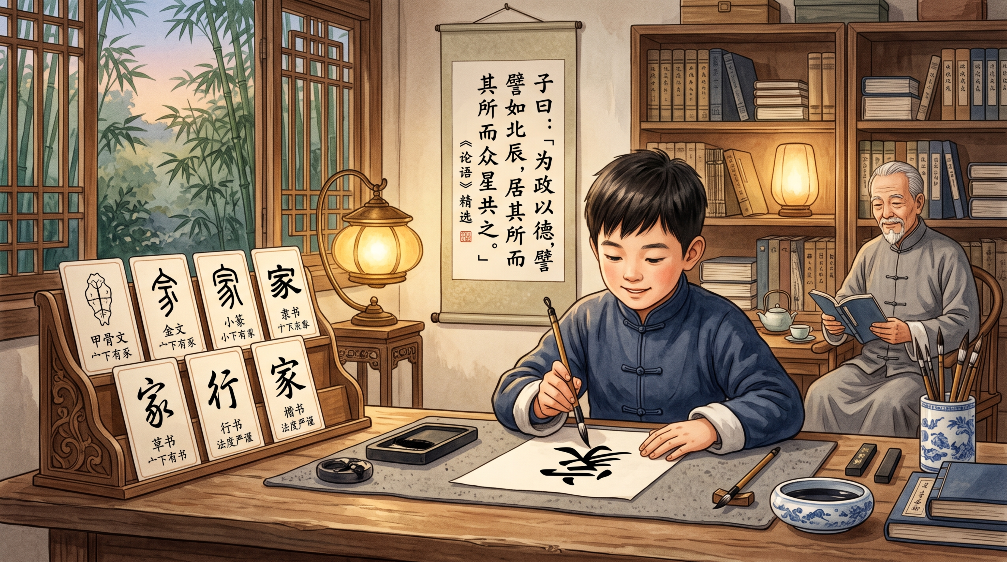 温暖有书卷气的教育场景，融合书法与中国文化，一个孩子正在练习书… - 图片创意预览