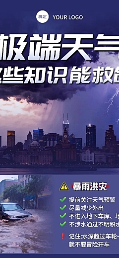 台风暴雨洪灾龙卷风预警自救宣传科普生活服务长图海报