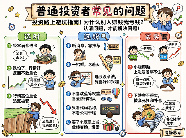 手绘风格投教图文海报，标题"普通投资者常见的问题"，副标题"投资路上避坑指南！为什么别人赚钱我亏钱？认清问题，才能解决问题！"，分选时、选股、买卖三大板块：选时部分：1 经常满仓进出，对话气泡：全仓杀入！；2 跌怕了，行情好反而不敢重仓，对话气泡：再涨就追不上了…；3 行情高位重仓追涨被套，对话气泡：还能涨！我再加仓！选股部分：1 听消息，靠推荐，标注：推荐股；2 一招鲜，吃遍天，标注：技术战法；3 选股没章法，凭喜好和兴趣；4 不喜欢蓝筹权重，喜爱炒作跟风，标注：热门题材；5 只看代码名称，不看公司干啥，标注：600XXX？；6 买了才发现上当，业绩变脸，爆雷。买卖部分：1 买了跌，卖了涨，买入气泡：一买就跌…，卖出气泡：一卖就涨…；2 小赚即抛，上涨波段拿不住，气泡：赚一点就落袋为安！；3 下跌舍不得卖，被套死扛和补仓，气泡：再等等就回来了…，标注：补仓摊薄成本！，右下角小字：冷静思考。整体为卡通手绘插画风，金融投教图文排版，类似参考图风格但和参考图布局细节不重复，保留所有文字内容不变。