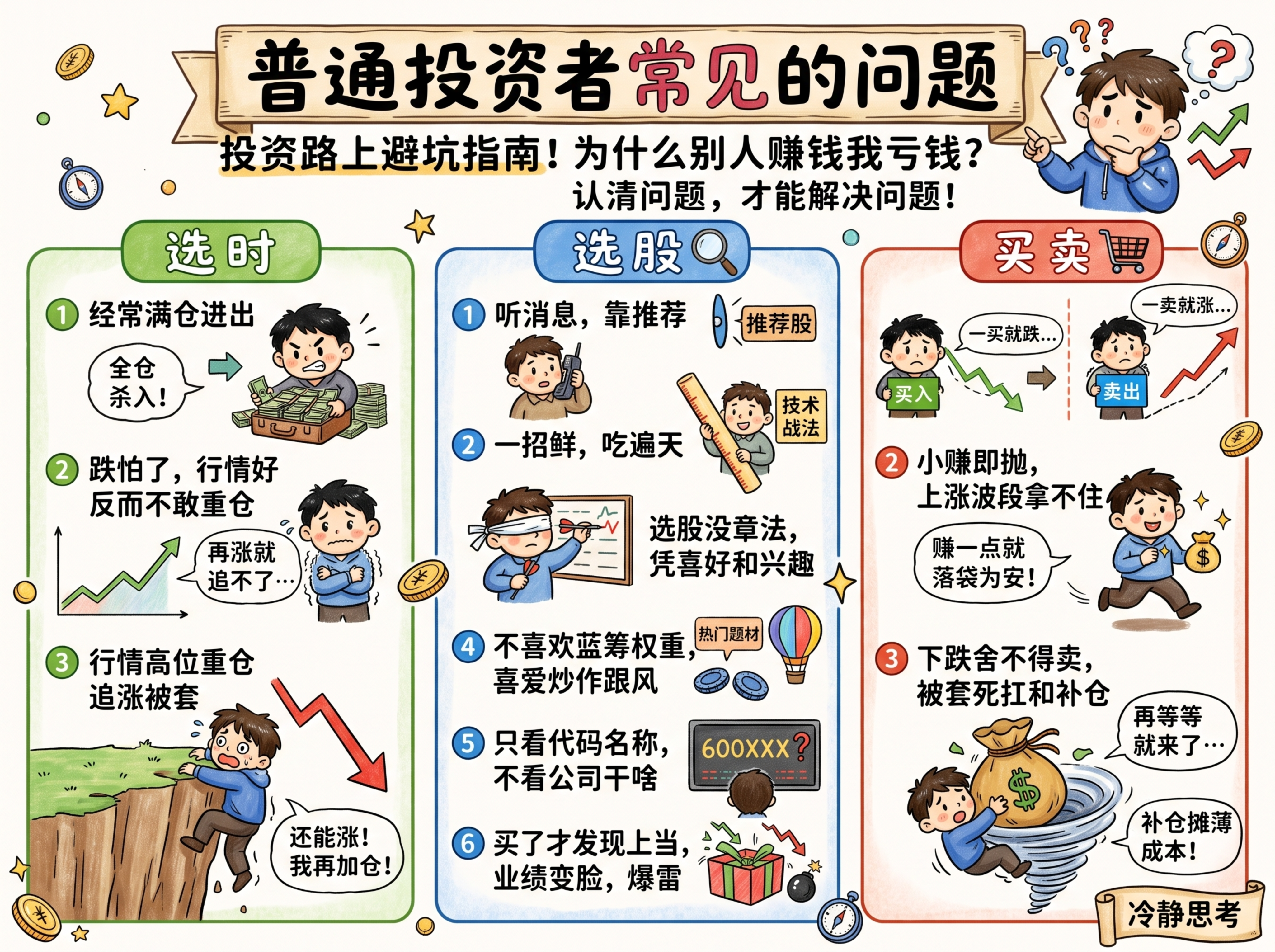 手绘风格投教图文海报，标题"普通投资者常见的问题"，副标题"投… - 图片创意预览