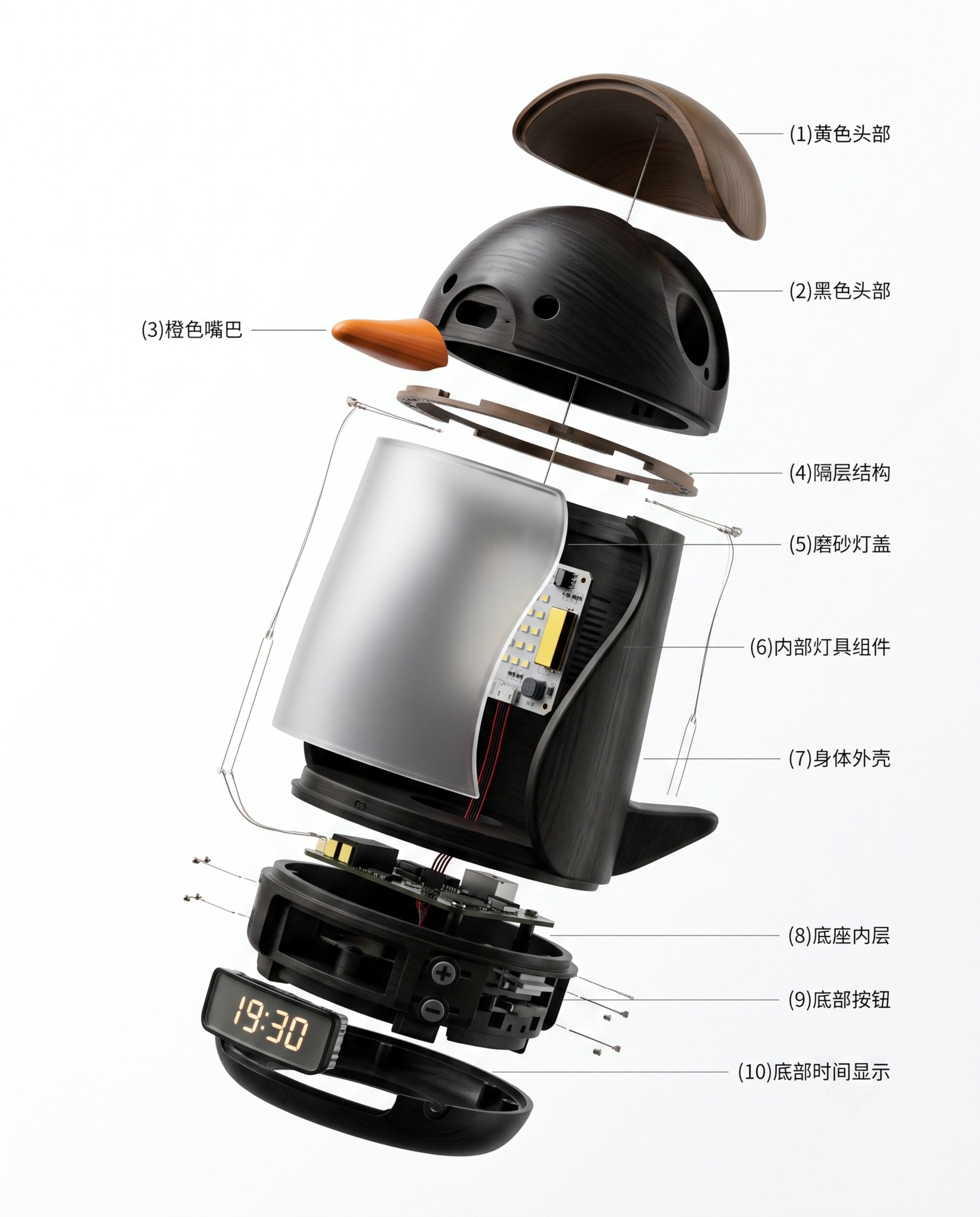 科技可视化的木质潮玩ip爆炸分解示意图，倾斜45度悬空，垂直中… - 图片创意预览