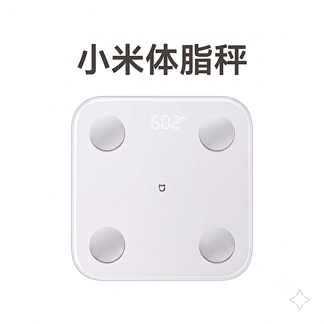 去掉多余的外灰色背景，只保留纯纯白色一个背景，整体为正方形，保持小米体脂秤文字和产品内容完整不变，尺寸依然适配40cm*40cmKT板