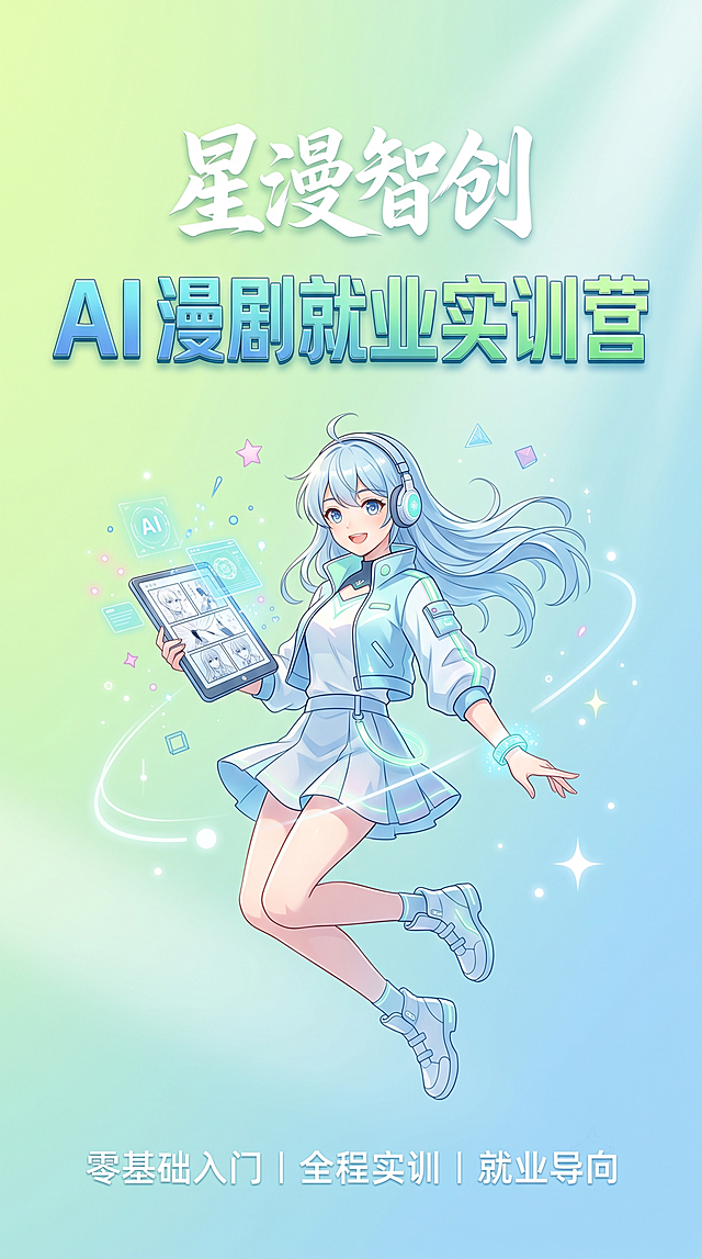 8K 超高清，小红书商业封面风格，简约高级科技风，温柔青柠浅蓝渐变底色，光影通透明亮，画面中心悬浮精致 AI 漫剧人物动态插画（二次元精致画风、线条流畅、色彩饱满清新），画面上方醒目艺术字体："星漫智创"，居中加粗立体主标题："AI 漫剧就业实训营"，底部小字点缀："零基础入门｜全程实训｜就业导向"，构图对称干净，主体突出，无多余杂物，质感高级，适合教育培训商业投放，清透亮肤色调，高通透低饱和治愈色彩，细节拉满，避坑负面词：模糊、低画质、水印、文字错乱、画面杂乱、暗沉、畸形人物、多余元素、复古老旧风格