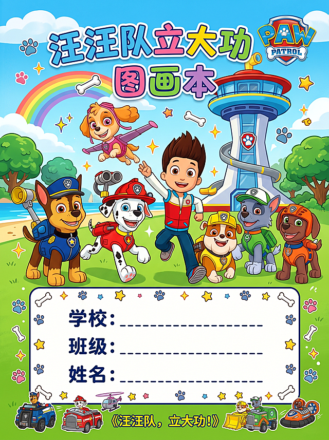 设计一张图画本封面封皮，以汪汪队立大功动画人物为主题，画面下方预留出一块空白区域，用于后续添加学校、班级、姓名三项信息，整体风格童趣活泼，色彩鲜艳明亮