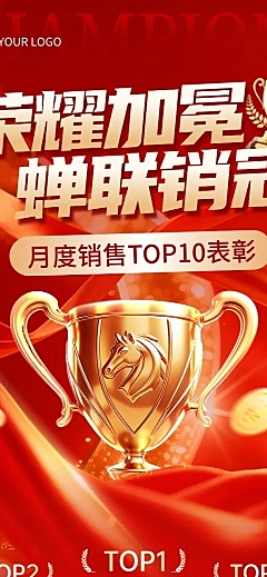 金融保险业绩喜报排行榜立体奖杯红金喜庆感长图海报